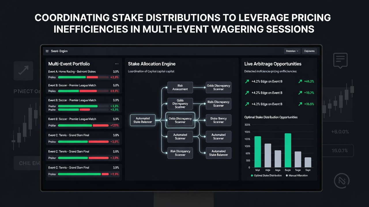 Screenshot of a multi-event betting dashboard displaying stake allocations and odds discrepancies