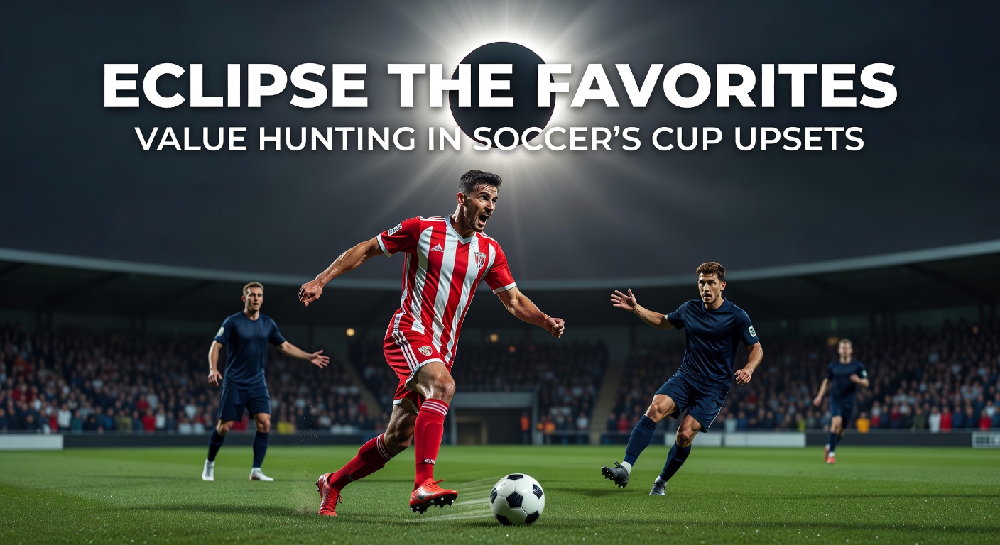 A tense soccer cup match where an underdog team celebrates an unexpected goal against a top favorite, crowd roaring in the background