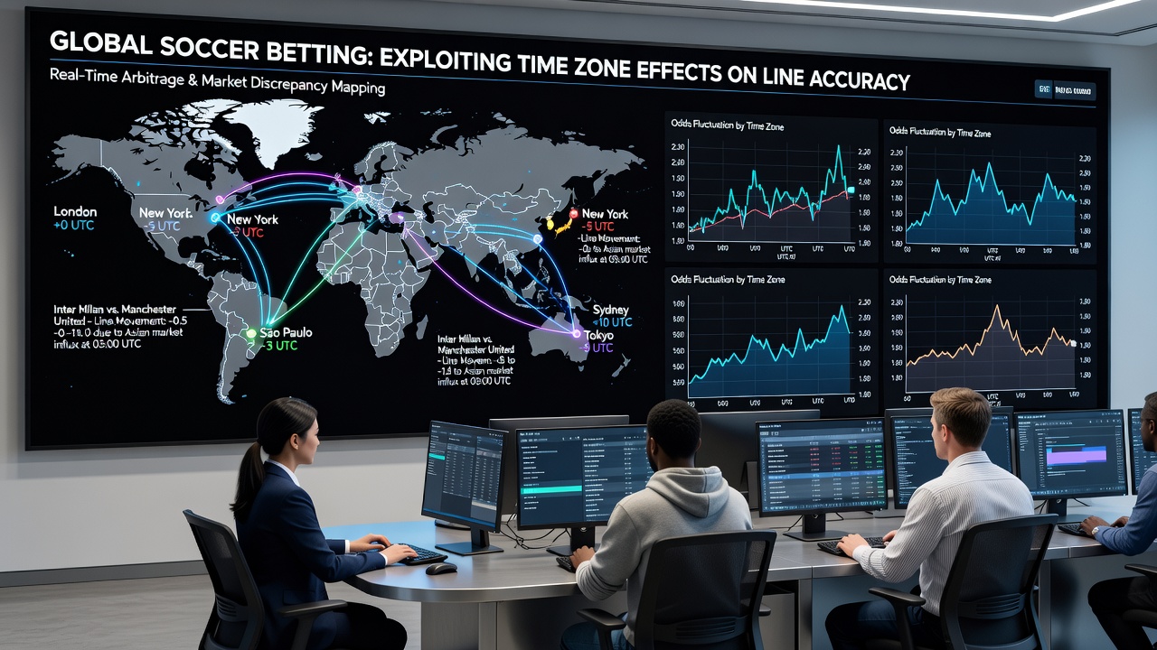 Soccer stadium at dusk with betting odds overlay showing line fluctuations across time zones