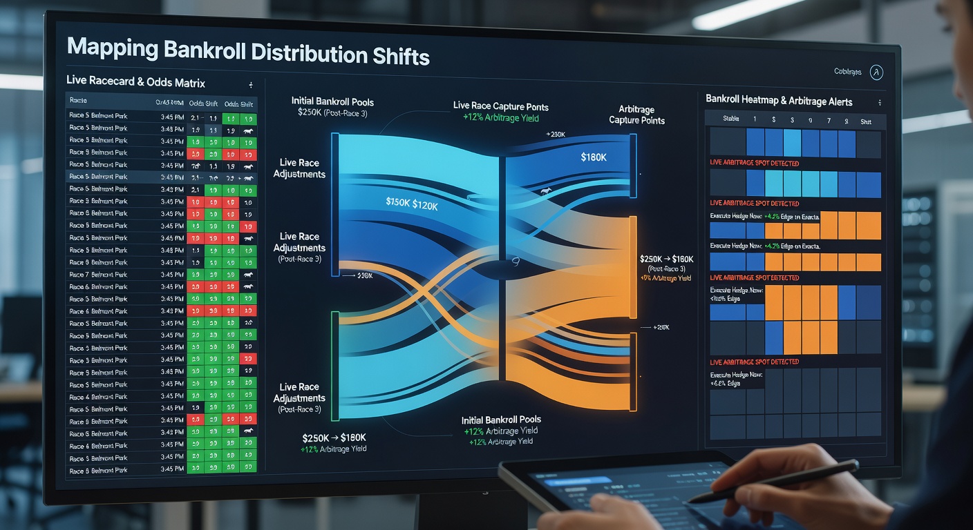 Dashboard interface displaying live bankroll flow across horse racing betting exchanges