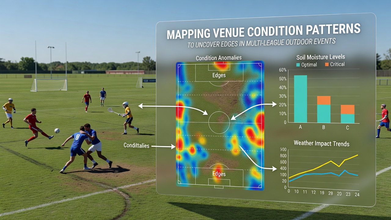 Detailed venue mapping dashboard showing weather overlays and surface data for multiple outdoor sports leagues