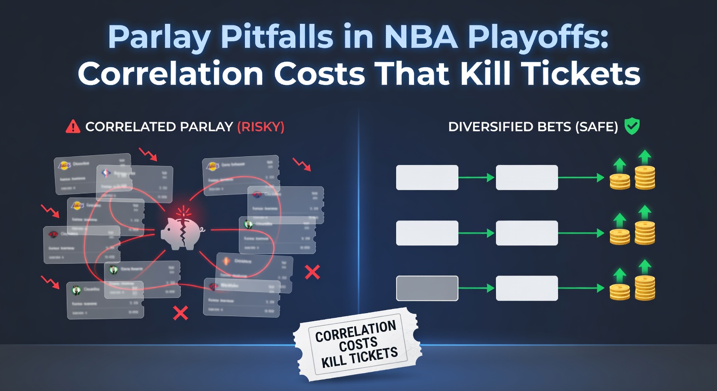 NBA playoff parlay ticket showing correlated legs failing, with odds payout slashed due to overlapping outcomes