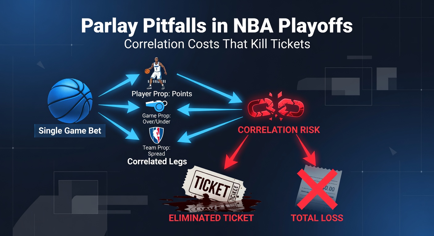 Close-up of NBA playoff betting slip with red X over correlated parlay legs, highlighting slashed odds and lost wager