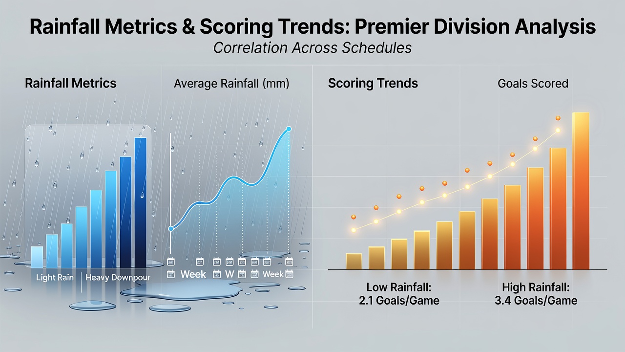 Rainfall metrics visualization showing precipitation data overlaid on premier division match schedules and goal trends