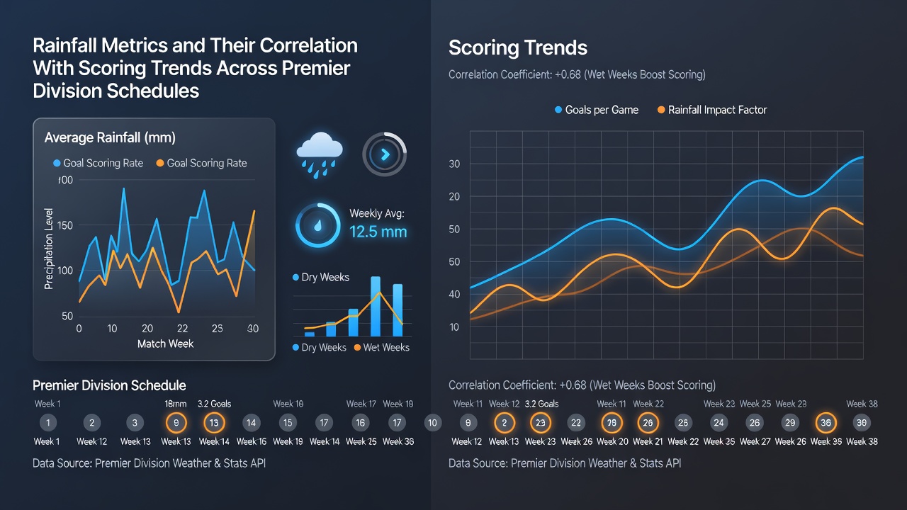 Detailed charts comparing rainfall amounts against average goals scored in premier division matches over multiple seasons