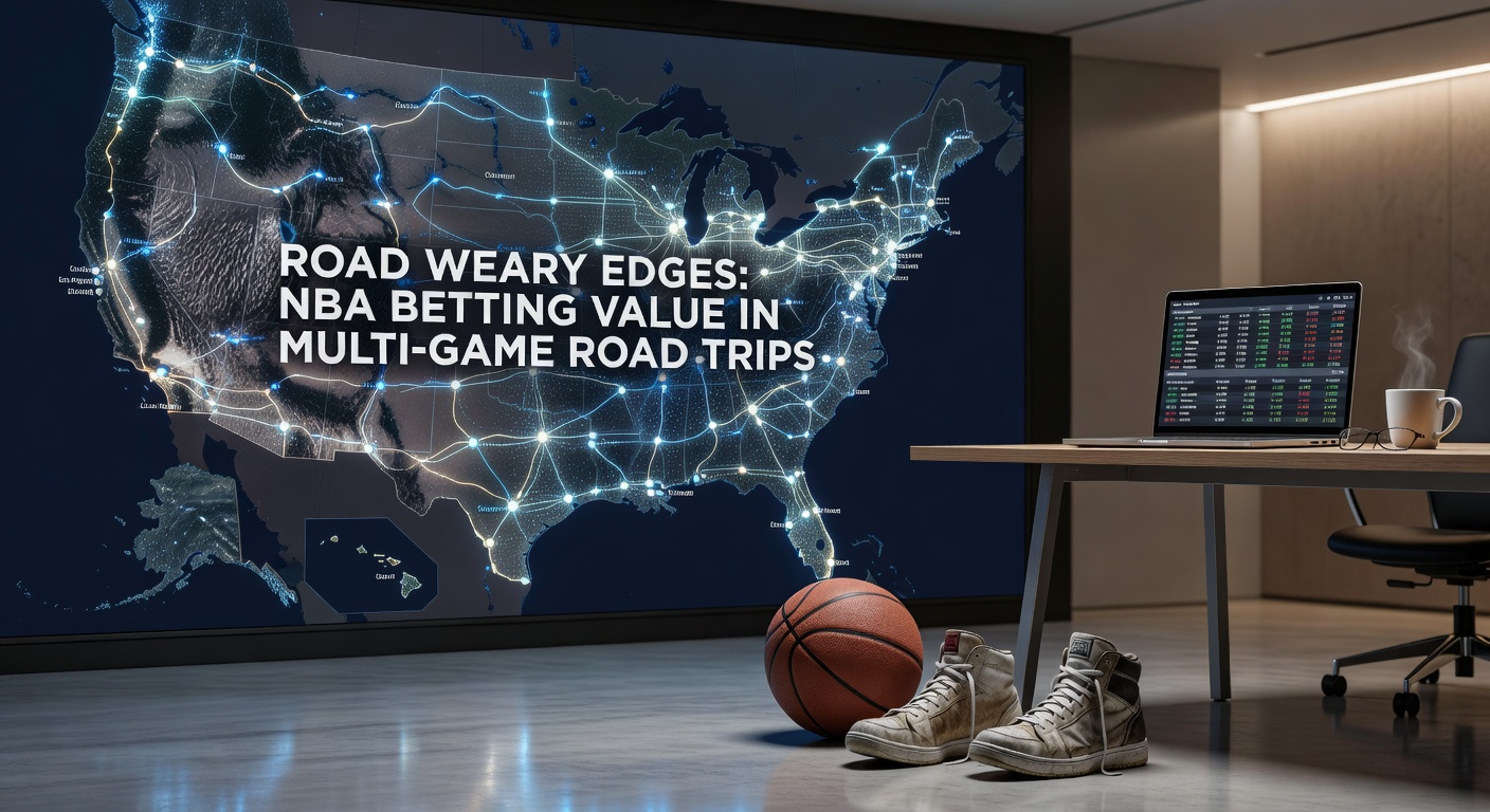 NBA players showing fatigue during a multi-game road trip, huddling on the court amid a packed away arena