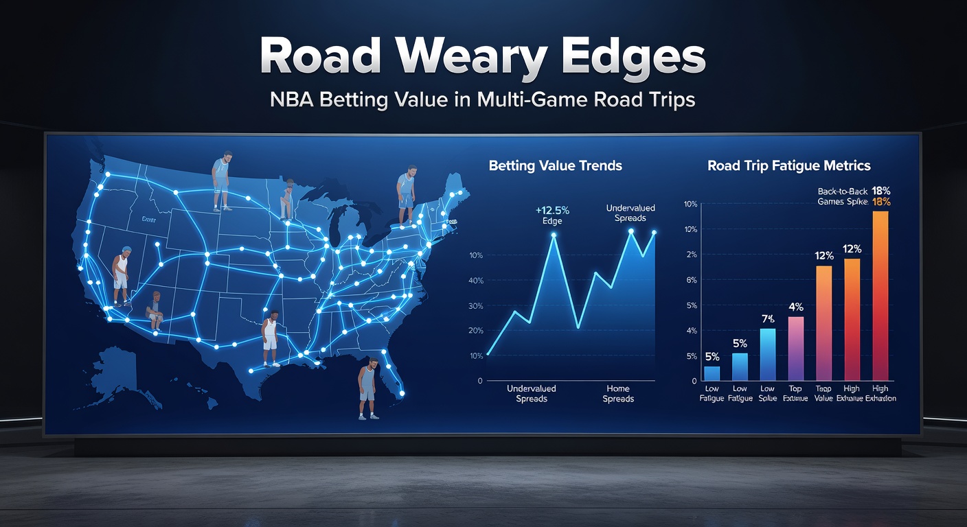 Data visualization of NBA road trip win rates declining over consecutive away games, with overlaid travel maps
