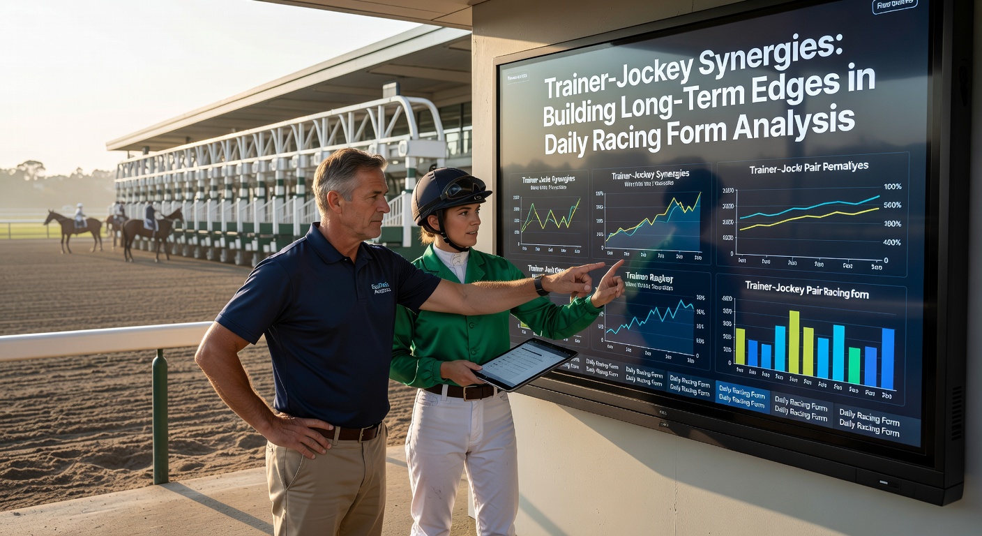 Trainer and jockey discussing strategy at the racetrack paddock during morning workouts