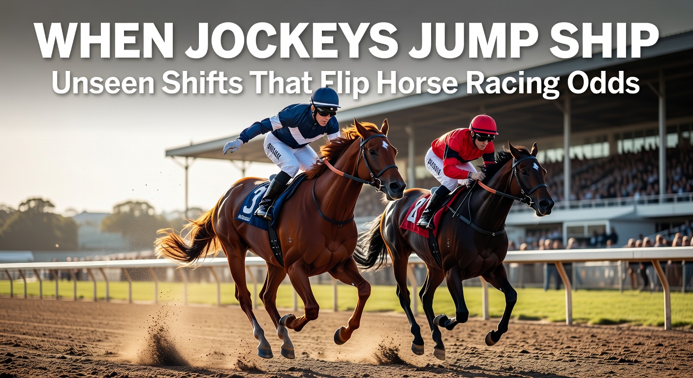 A jockey in mid-race action, switching mounts dramatically as odds boards flicker in the background