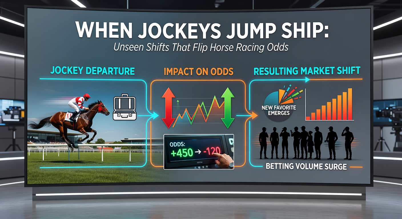 Close-up of a jockey dismounting one horse while eyeing another in the paddock, with fluctuating odds displayed on a nearby screen